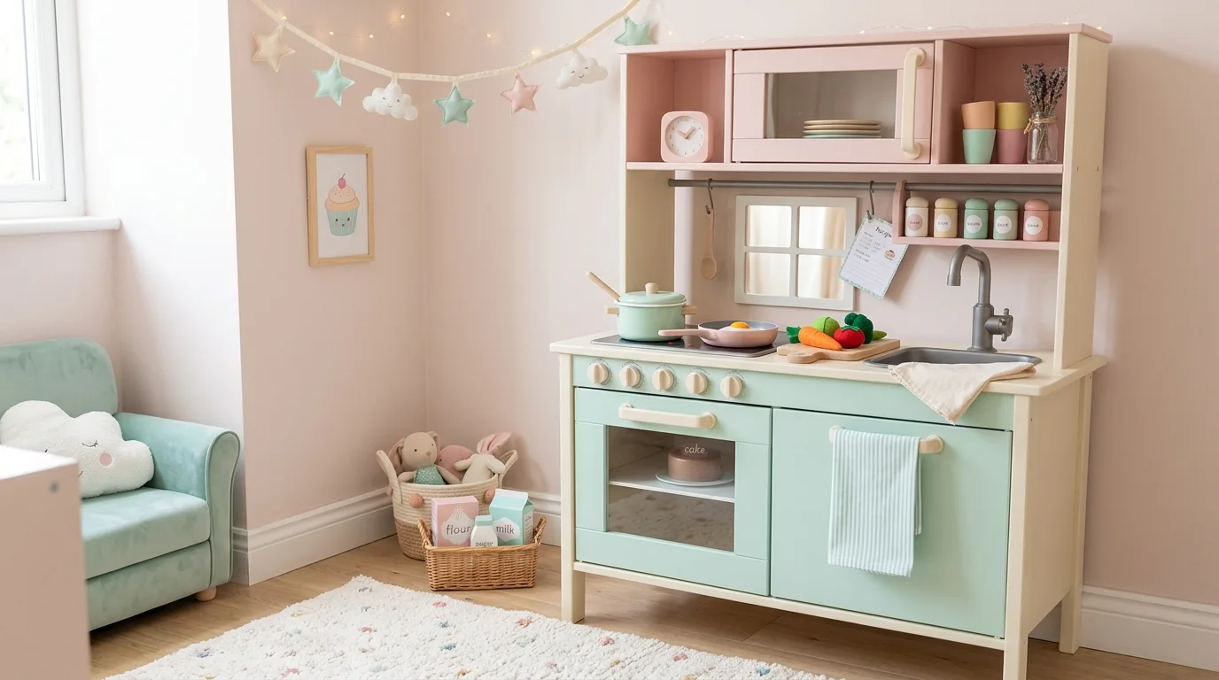 Add hooks for aprons towels or toy utensils inspiration for a kids play kitchen.